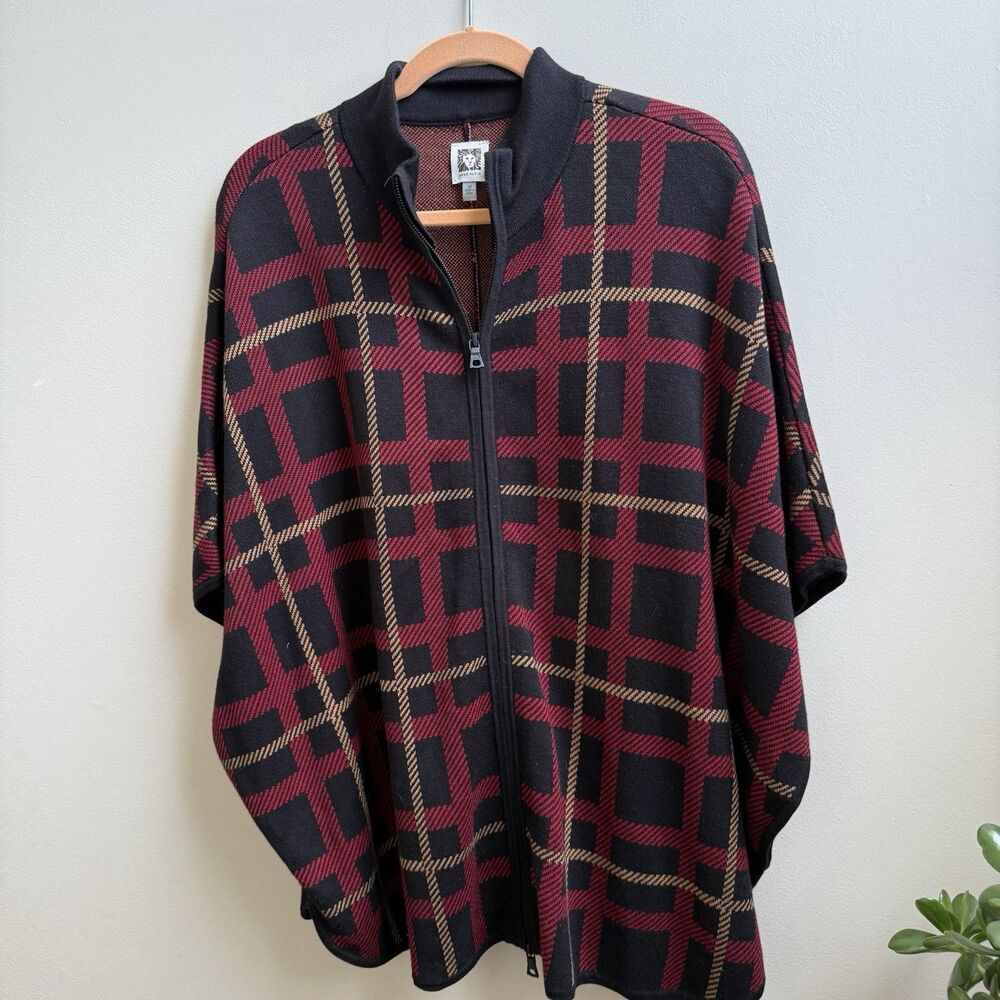 Anne Klein Women's Size M Poncho Sweater Red Black Cotton Blend